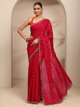 Libas - Red Printed Saree with Unstitched Blouse
