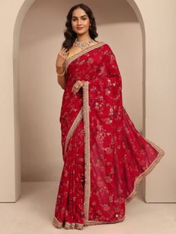 Libas - Red Printed Saree with Unstitched Blouse