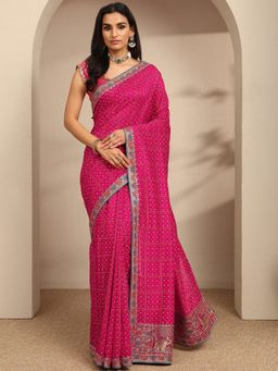 Libas - Pink Printed Saree with Unstitched Blouse
