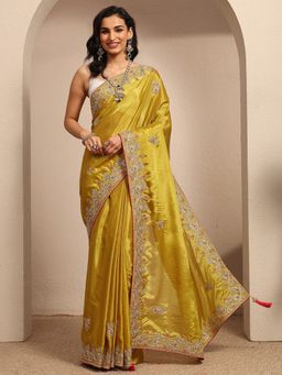 Libas - Mustard Embroidered Saree with Unstitched Blouse