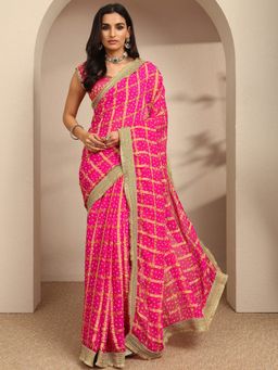 Libas - Pink Printed Saree with Unstitched Blouse