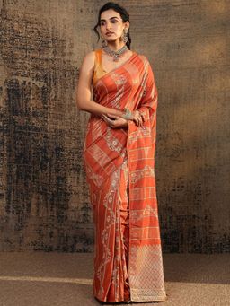 Libas - Orange Woven Zari Saree with Unstitched Blouse