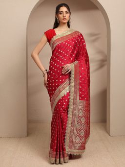 Libas - Red Embroidered Saree with Unstitched Blouse
