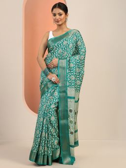 Libas - Teal Printed Saree with Unstitched Blouse