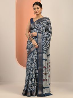 Libas - Navy Blue Printed Saree with Unstitched Blouse