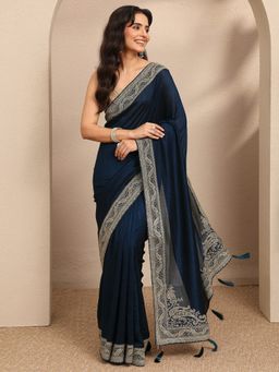 Libas - Blue Embroidered Saree with Unstitched Blouse