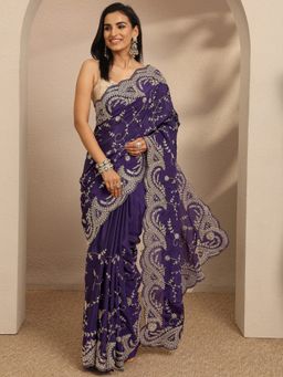 Libas - Purple Floral Embroidered Saree with Unstitched Blouse