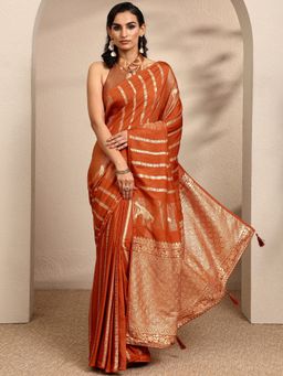 Libas - Orange Woven Zari Saree with Unstitched Blouse