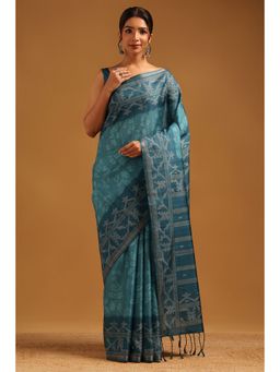 Soch - Teal Floral Printed Saree with Unstitched Blouse