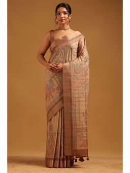 Soch - Beige Floral Printed Saree with Unstitched Blouse
