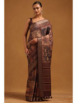 Soch - Brown Floral Printed Saree with Unstitched Blouse