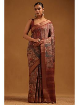 Soch - Rust Floral Printed Saree with Unstitched Blouse
