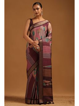 Soch - Wine Printed Saree with Unstitched Blouse