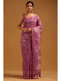 Soch - Purple Floral Embroidered Saree with Unstitched Blouse