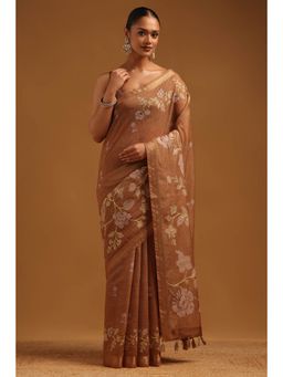 Soch - Brown Floral Embroidered Saree with Unstitched Blouse