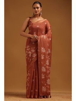 Soch - Rust Floral Embroidered Saree with Unstitched Blouse