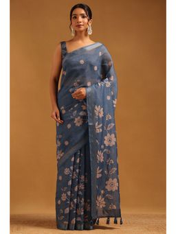 Soch - Blue Floral Embroidered Saree with Unstitched Blouse