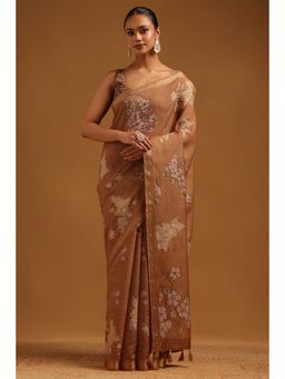 Soch - Brown Floral Embroidered Saree with Unstitched Blouse