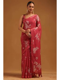 Soch - Maroon Floral Embroidered Saree with Unstitched Blouse