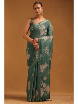 Soch - Green Floral Embroidered Saree with Unstitched Blouse
