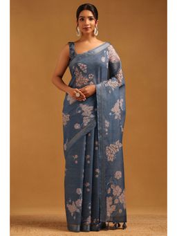 Soch - Blue Floral Embroidered Saree with Unstitched Blouse