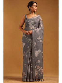 Soch - Grey Floral Embroidered Saree with Unstitched Blouse
