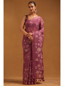 Soch - Purple Floral Embroidered Saree with Unstitched Blouse