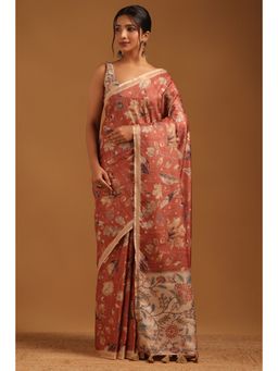 Soch - Rust Floral Printed Saree with Unstitched Blouse