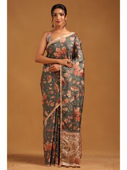 Soch - Green Floral Printed Saree with Unstitched Blouse