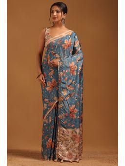 Soch - Blue Floral Printed Saree with Unstitched Blouse