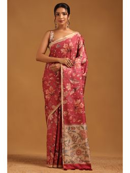 Soch - Maroon Floral Printed Saree with Unstitched Blouse