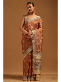 Soch - Rust Embroidered Saree with Unstitched Blouse