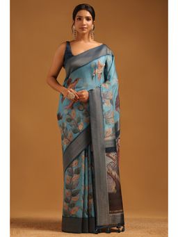Soch - Blue Printed Saree with Unstitched Blouse