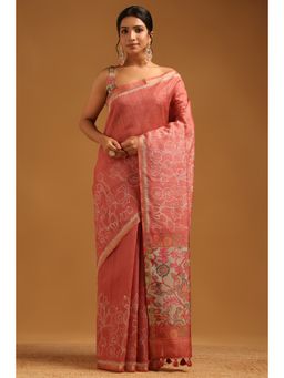 Soch - Peach Floral Printed Saree with Unstitched Blouse