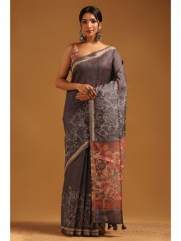 Soch - Charcoal Floral Printed Saree with Unstitched Blouse