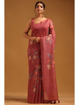 Soch - Pink Floral Printed Saree with Unstitched Blouse