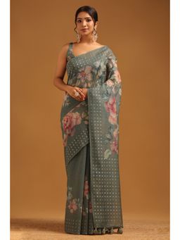 Soch - Green Floral Printed Saree with Unstitched Blouse