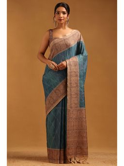 Soch - Teal Printed Saree with Unstitched Blouse