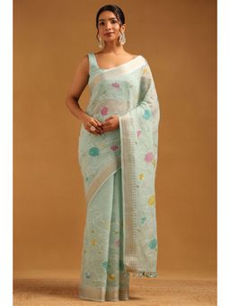 Soch - Blue Embroidered Saree with Unstitched Blouse