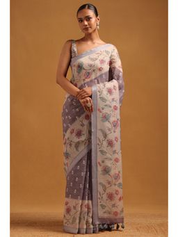 Soch - Grey Floral Printed Saree with Unstitched Blouse