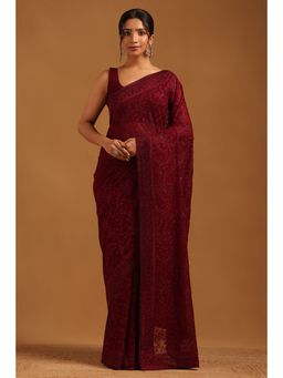 Soch - Maroon Embroidered Saree with Unstitched Blouse