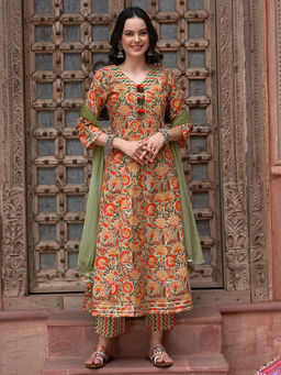 Gahan - Cotton Decorative Neckline Floral Printed Olive Kurta Pant & Dupatta (Set of 3)