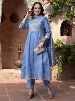 Gahan - Cotton Yoke Embellished Sequenced Bandhani Blue Anarkali Pant & Dupatta (Set of 3)