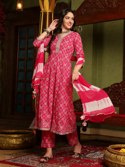 Gahan - Cotton Lace Embellished Bandhani Printed Pink Anarkali Pant & Chiffon Dupatta (Set of 3)