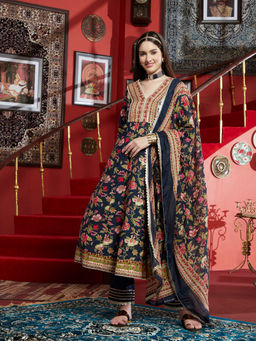 Gahan - Cotton Lace Embellished Floral Printed Navy Blue Anarkali Pant & Dupatta (Set of 3)
