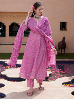 Gahan - Cotton Floral Printed Mauve Side Tie-Up Anarkali Pant & Cotton Dupatta (Set of 3)