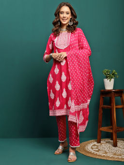 Gahan - Cotton Yoke Embellished Sequenced Block Print Pink Kurta Pant & Dupatta (Set of 3)