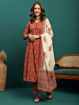 Gahan - Cotton Alia Cut Printed Brown Anarkali Pant & Contrast Color Printed Dupatta (Set of 3)