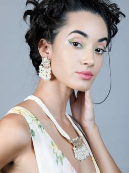 Odette - White Beaded Gorgues Long Necklace Set