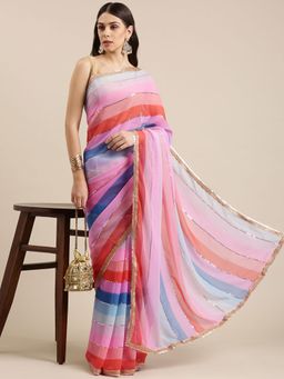 Vastranand - Poly Georgette Striped Design Party Wear Saree with Unstitched Blouse